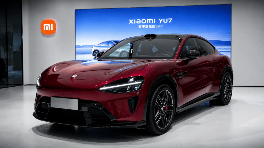 SUV elétrico Xiaomi YU7 GT vermelho em showroom antes do lançamento oficial