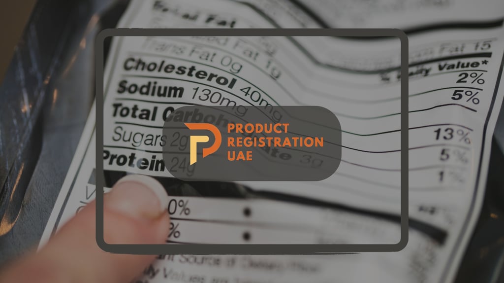 Product Registration UAE Logo Close-up of a nutrition label showing detailed ingredients and values.