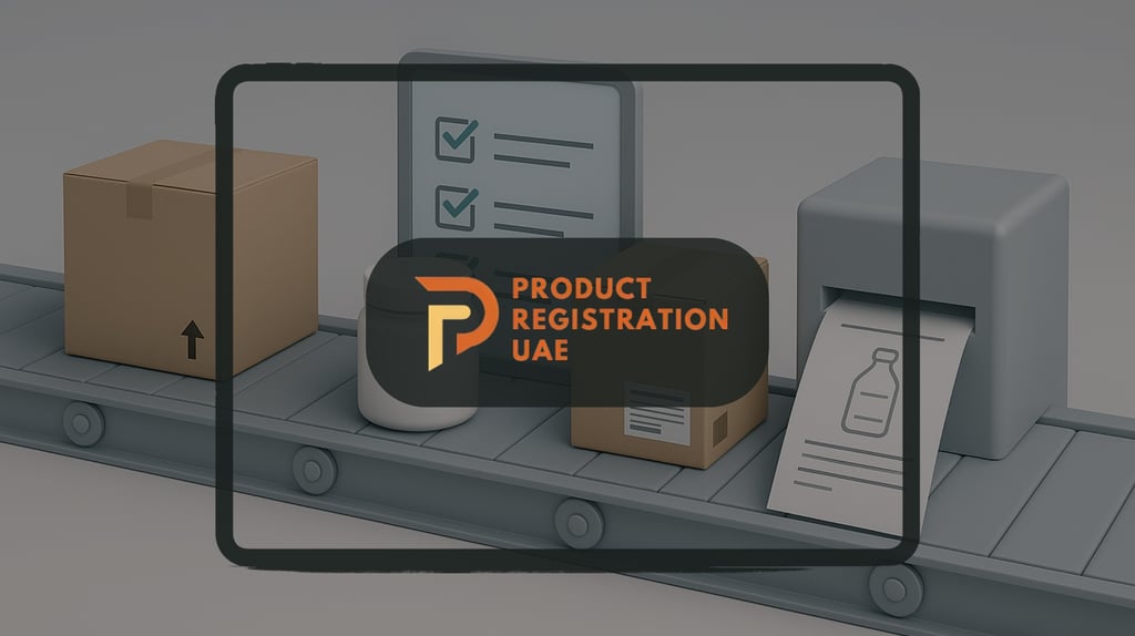 product boxes, labels, and compliance checklist representing the UAE product registration workflow.