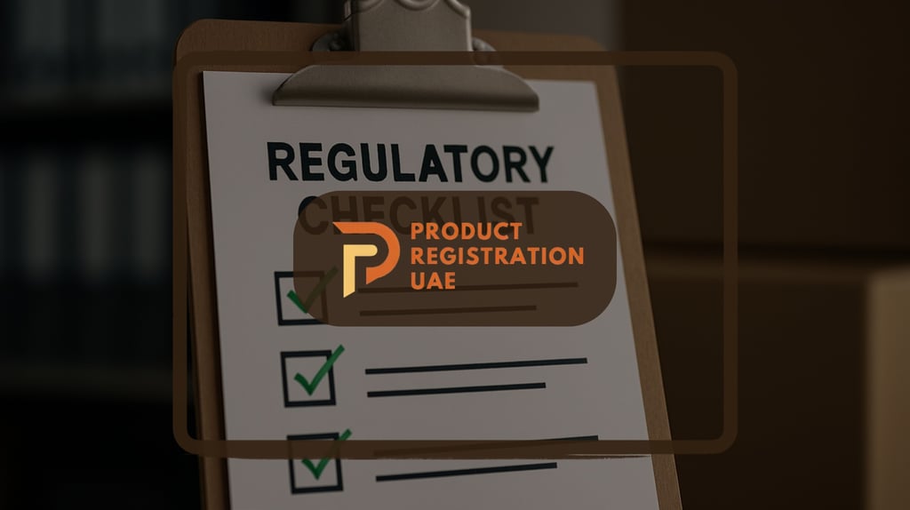 Regulatory checklist on a clipboard with marked checkboxes representing UAE product submission quality review.