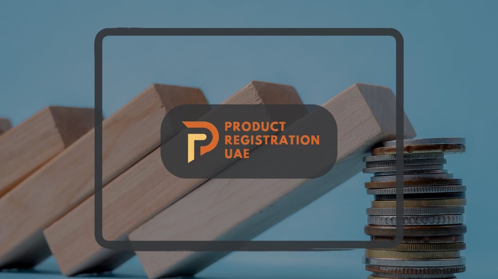 Stability testing concept with stacked coins and wooden blocks beside the Product Registration UAE logo.