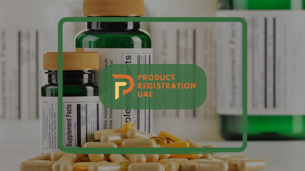 Product Registration UAE Logo with Supplements Facts and Rules in background