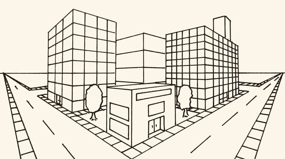 two point perspective drawing of buildings and street corner