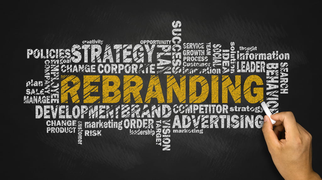 A hand drawing a business rebranding word cloud on a chalkboard with keywords like strategy, advertising, and development.