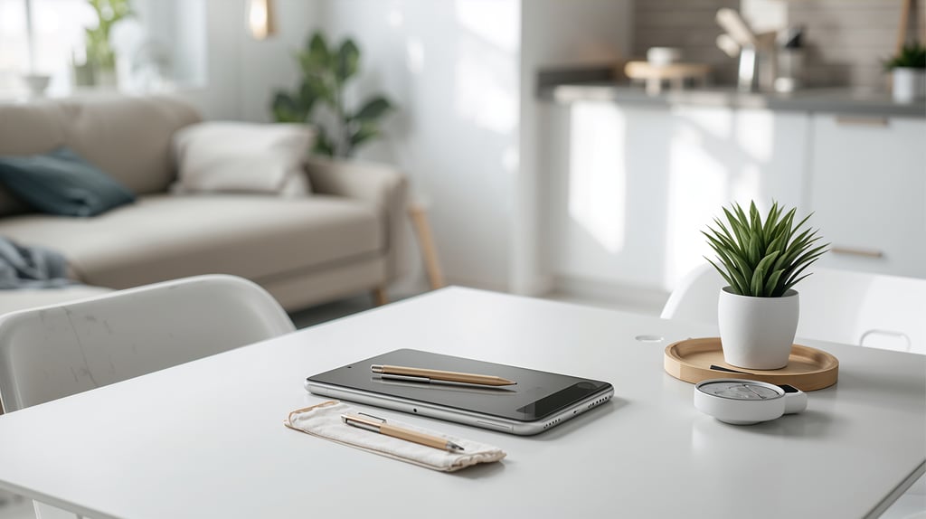Minimalist home office setup with a digital tablet, stylus, and succulent plant on a white desk.