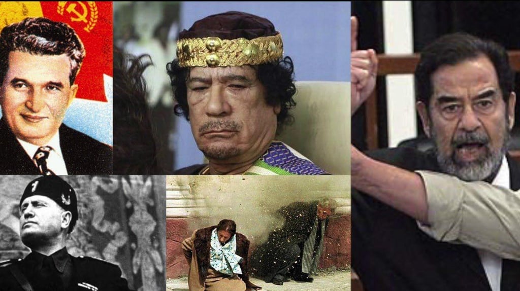 Photo collage of historical dictators including Muammar Gaddafi, Saddam Hussein, and Benito Mussolini.