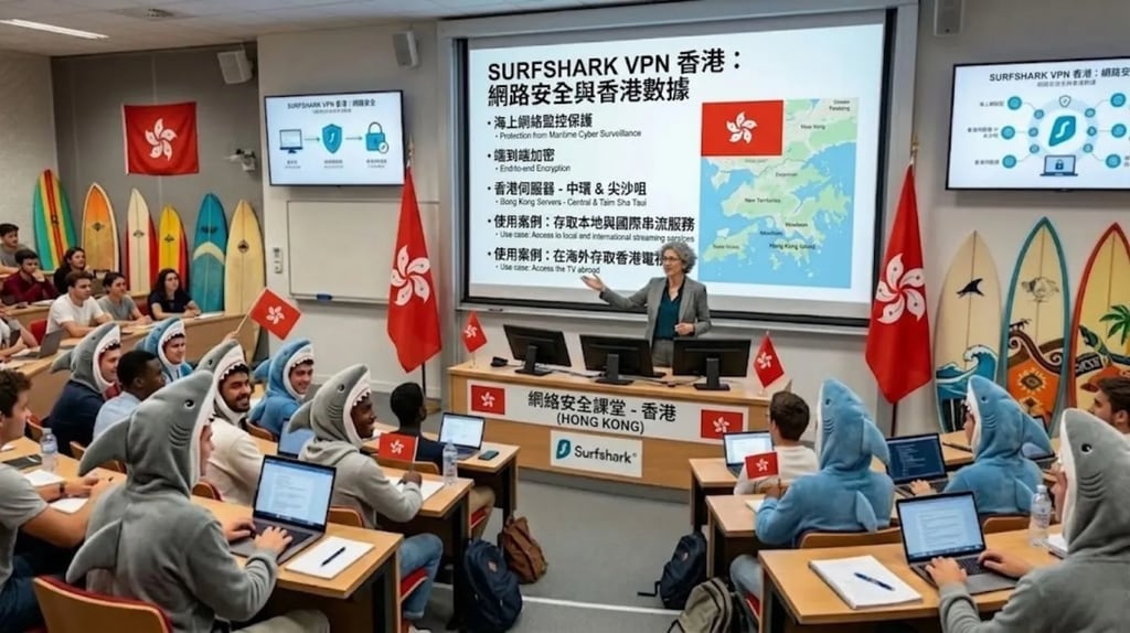 創新的演講廳：教授面對穿著鯊魚裝的學生，旁邊有衝浪板和香港旗幟。