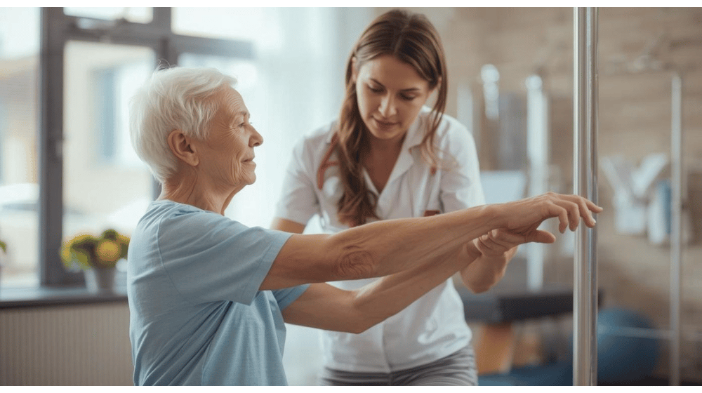 Physiotherapist helping an elderly woman with arm exercises.