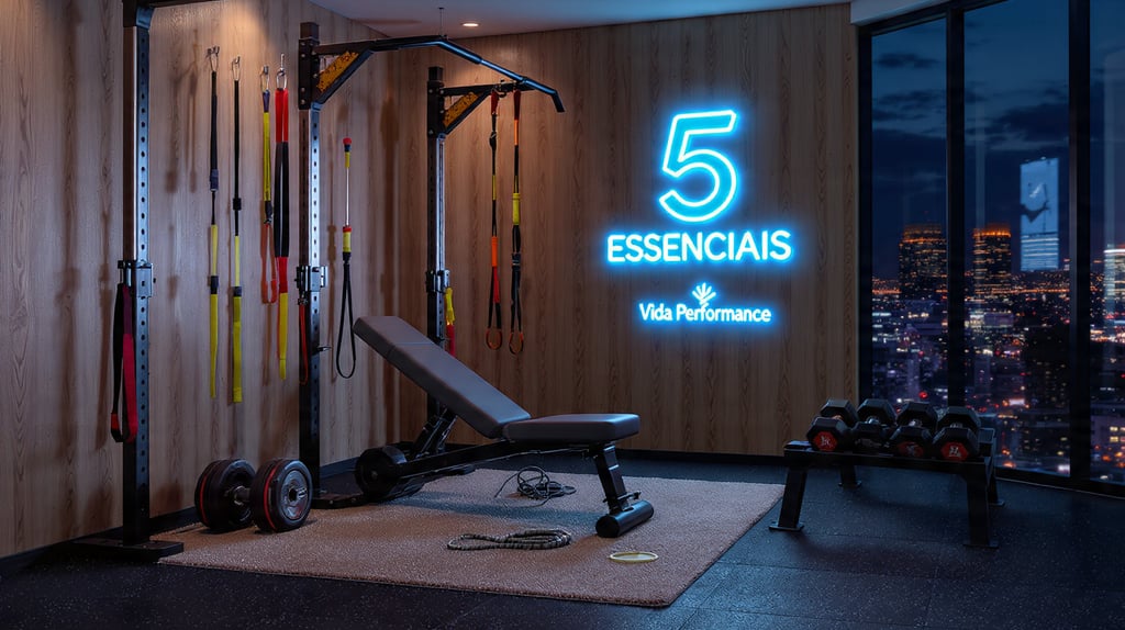 Guia 5 Essenciais Vida Performance: banco, halteres, elásticos e corda em home gym moderno 2026