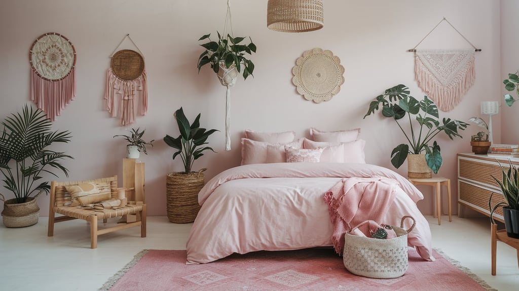 pink teenager style bedroom, various natural wall decor, plants, pink bed, pink themed