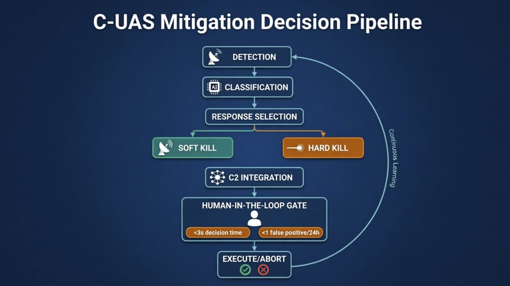 Diagram of a C-UAS mitigation decision pipeline showing detection, AI classification, and human-in-the-loop response.