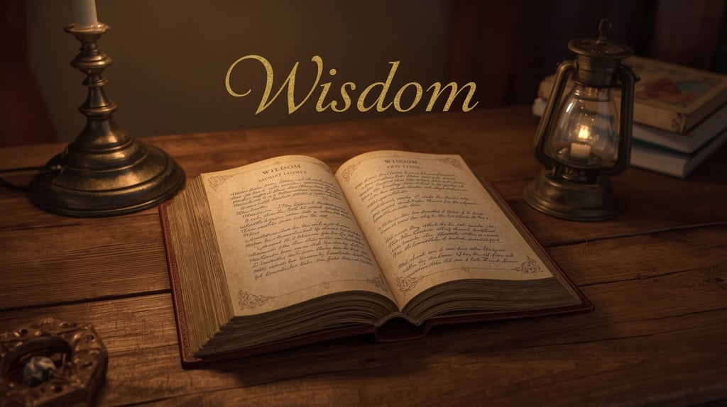 An open vintage book on a wooden desk with candles and the gold text Wisdom.
