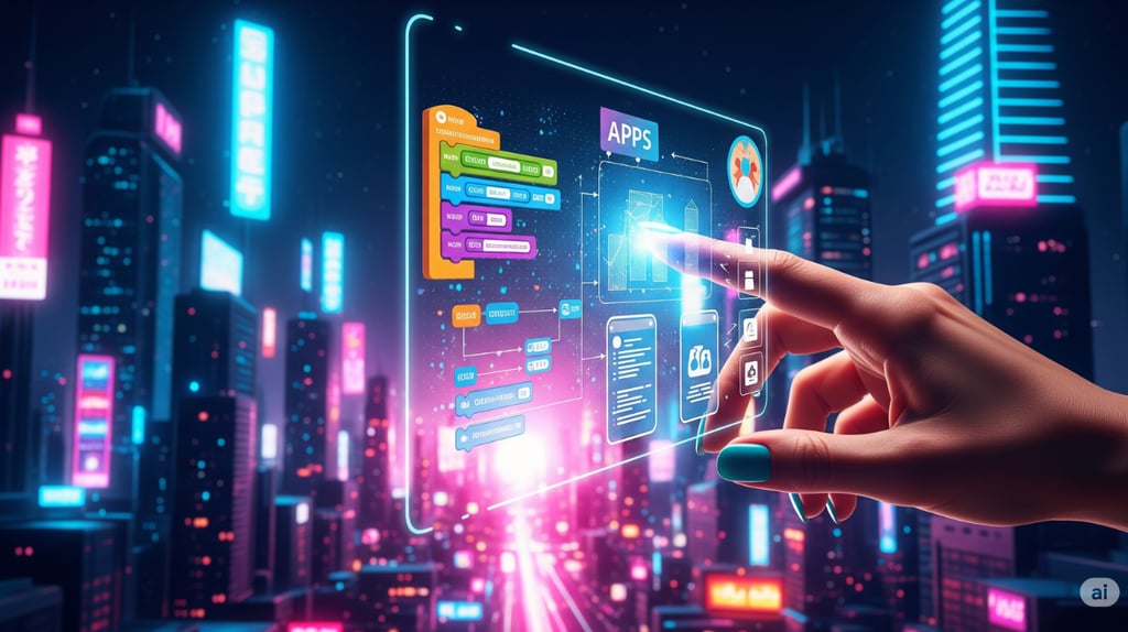 Hand interacting with holographic app development interface.