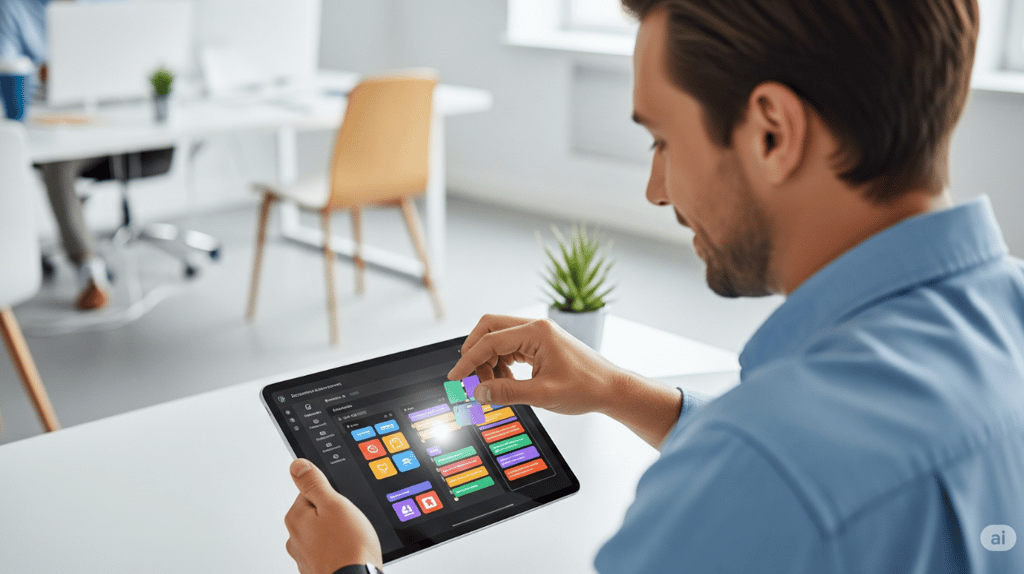 User dragging and dropping components on a tablet for app building.