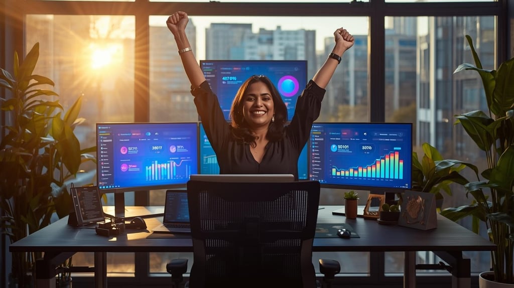 Successful entrepreneur celebrating AI tool business growth and achievements