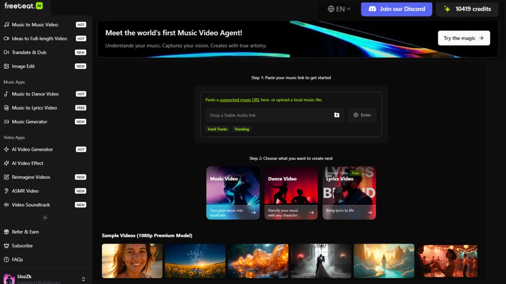 Screenshot of Freebeat AI dashboard (showing "Upload Audio" button