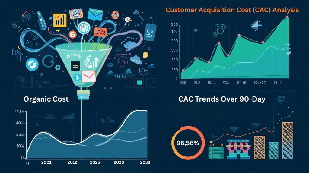 Conceptual graphic of CAC analysis showing multi-touch attribution, a 90-day cycle, and organic cost