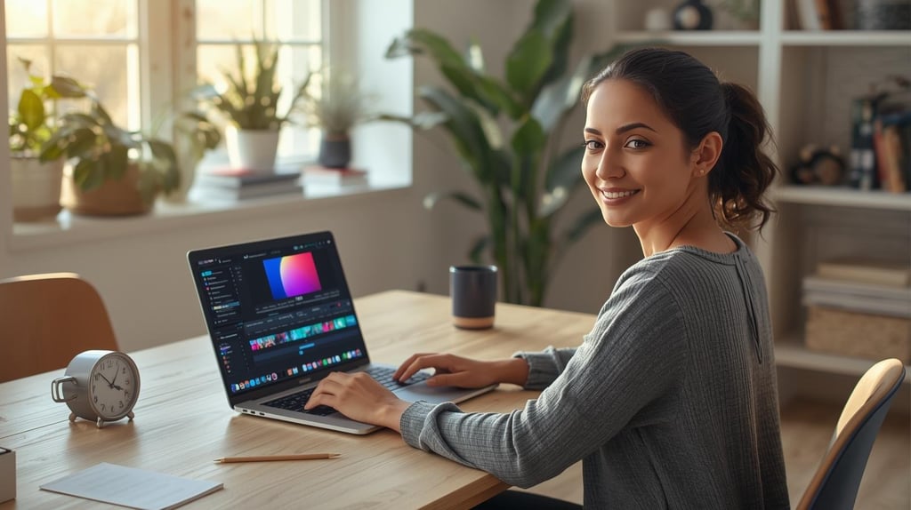 Content creator working on music videos at modern home office workspace