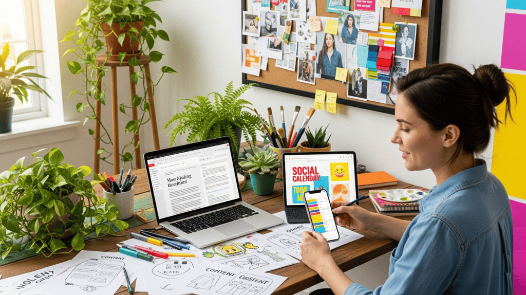 A creative VA working on a laptop, tablet, and smartphone in a colorful, organized workspace.