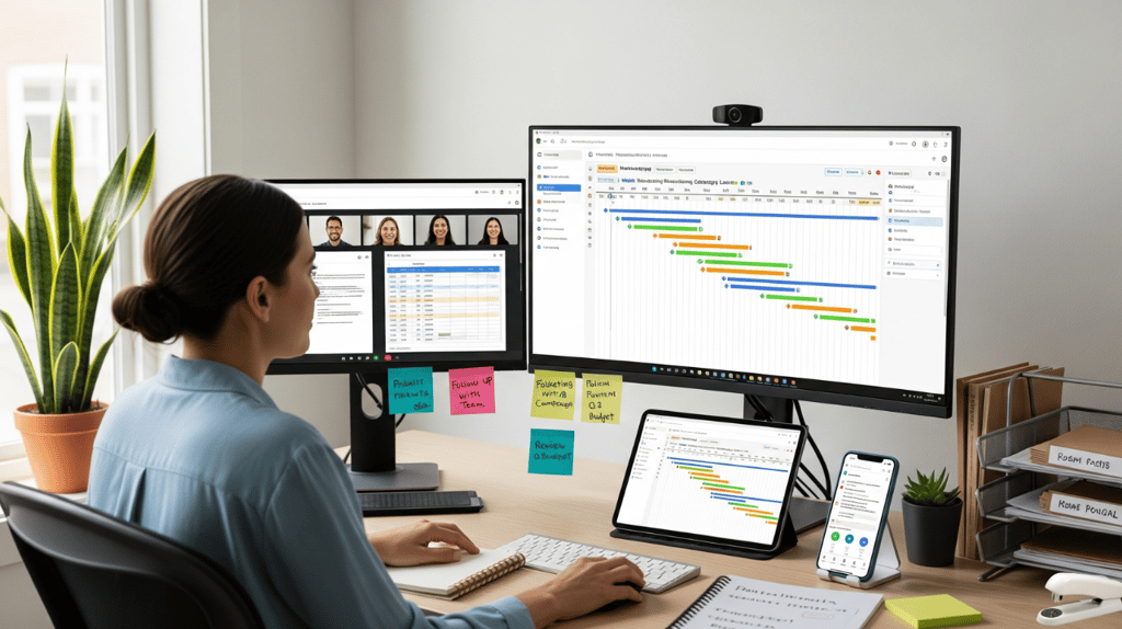 A professional virtual assistant using multiple monitors to manage a complex project.