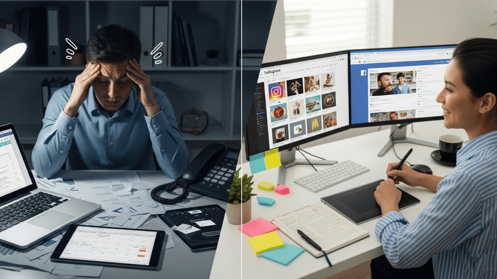 A split screen showing a stressed business owner on the left and a calm virtual assistant on the rig