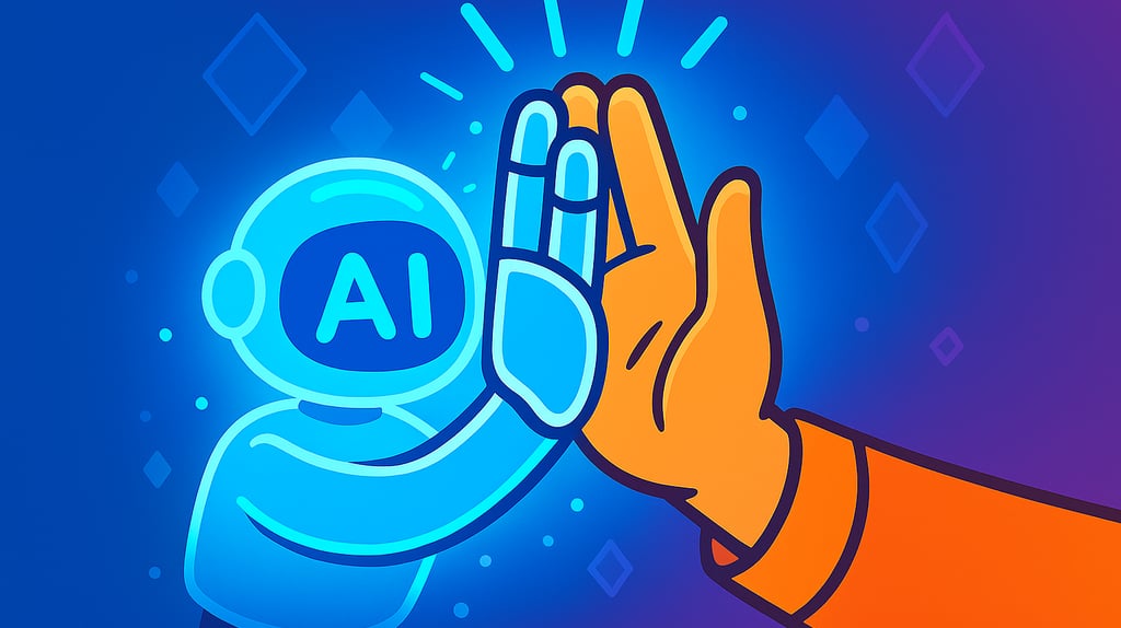 An AI bot and a human hand high fiving, working together