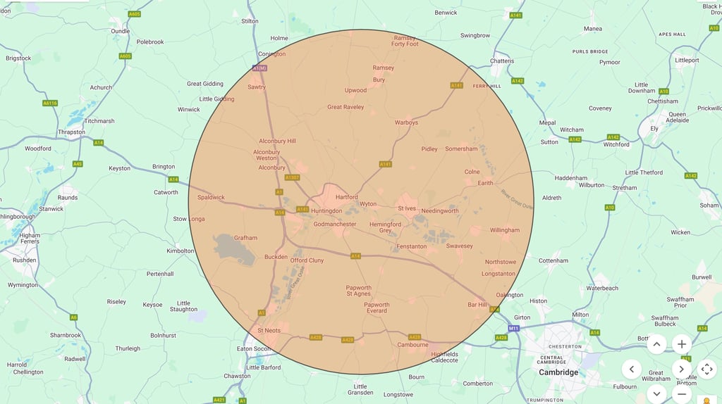 Map with a 10 mile radius shaded around Huntingdon, Cambs  showing our free firewood delivery area 