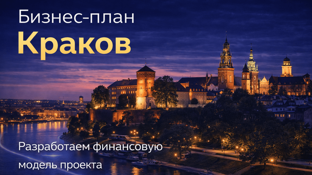 Ночной панорамный вид Кракова с Вавельским замком и набережной Вислы. Бизнес-планирование в Кракове.