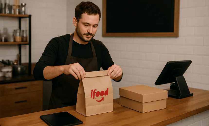 Dono de restaurante organizando pedidos de delivery em balcão com embalagens.