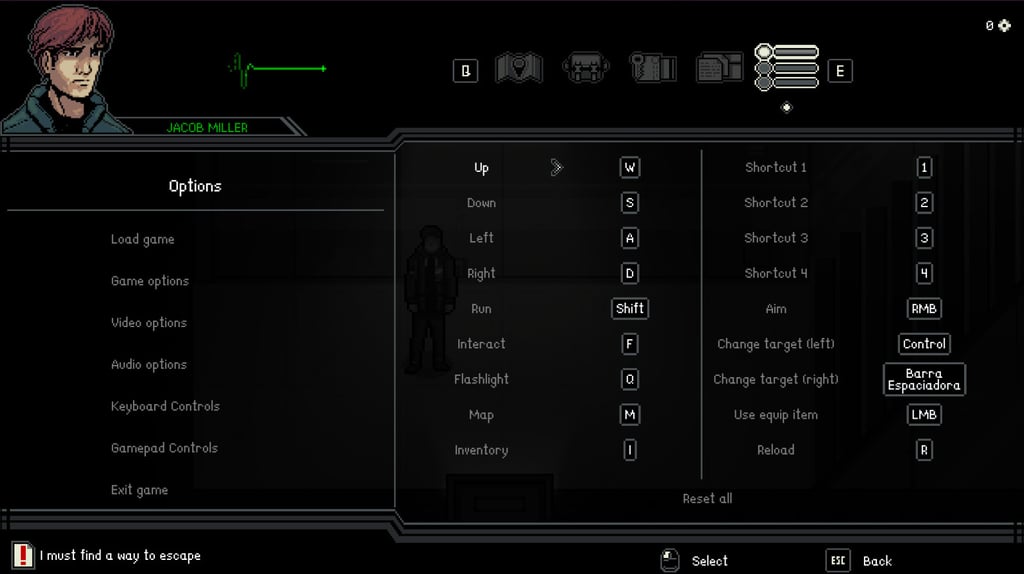 Pixel art survival horror game keyboard controls settings menu featuring character Jacob Miller.