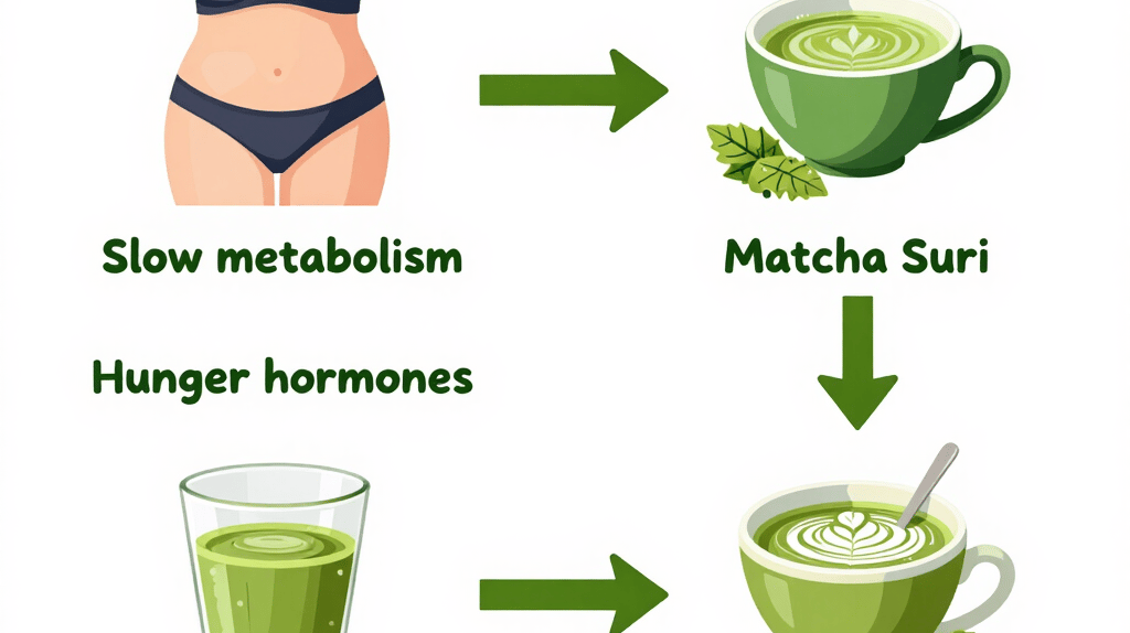3 root causes of belly fat showing how Matcha Suri natural matcha targets each one daily