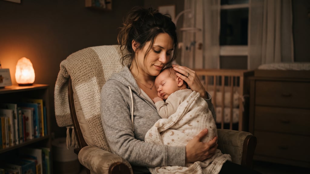 A softly lit nursery at night, a tired but loving parent gently rocking a baby