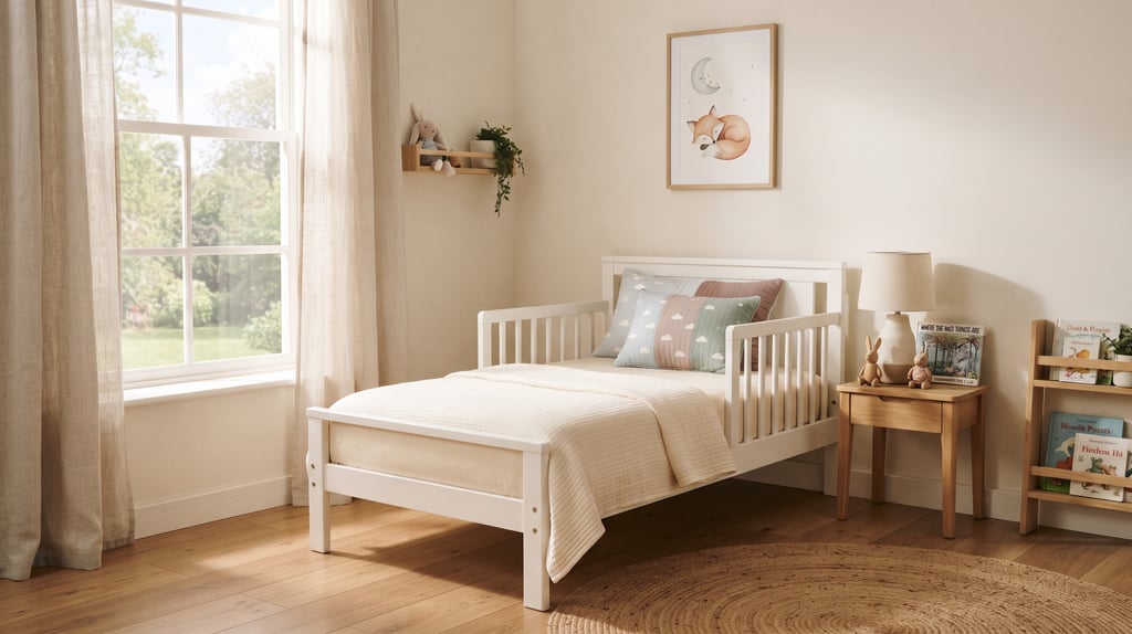 A cozy toddler bedroom with a small bed, soft pastel-colored crib-safe pillow