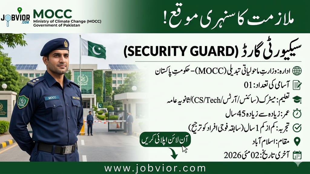 Ministry of Climate Change Jobs 2026 advertisement featuring Security Guard PPS-2 position with appl