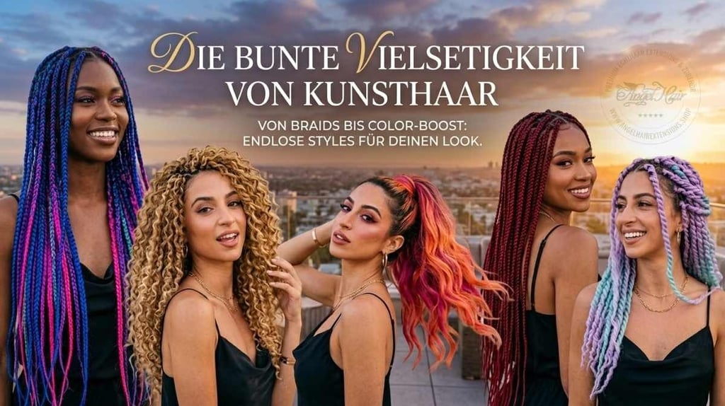 Diverse women showcasing colorful synthetic hair extensions, braids, and curls in various vibrant shades.