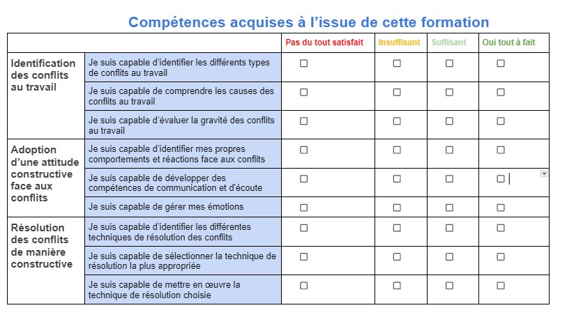 exemple grille d'évaluation des acquis de la formation