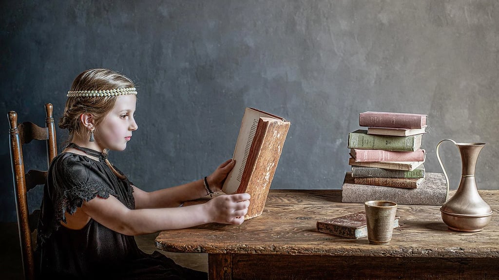Portrait jeune fille lisant un grimoire, pile livres vintage, table rustique, Hautes-Pyrénées