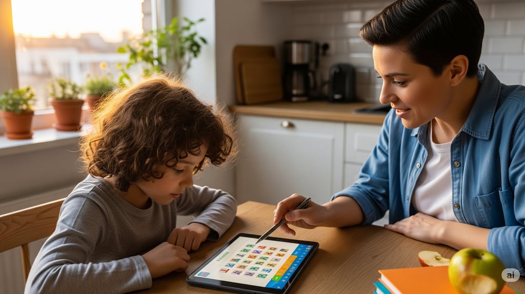 Ibu sedang mengajar anak menggunakan tablet