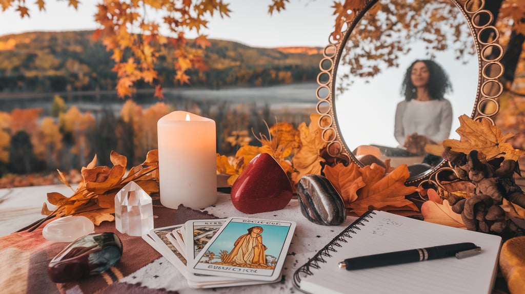 autel avec bougie cristaux décor automnal