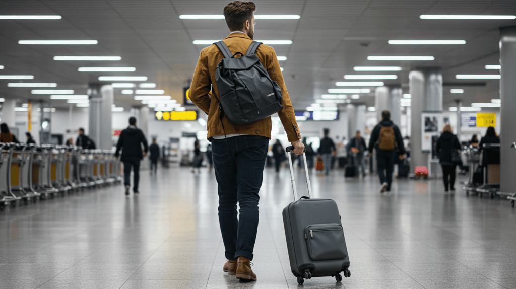 Stylish man in versatile travel outfit confidently walks through airport. Travel fashion for men