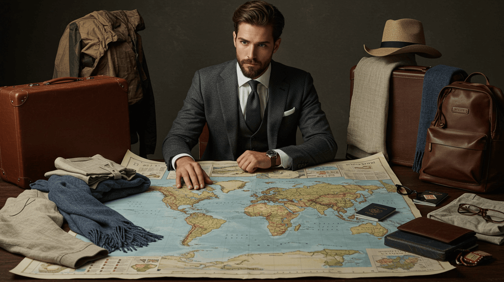 Travel fashion as a superpower for men. Confident traveler planning his stylish and practical