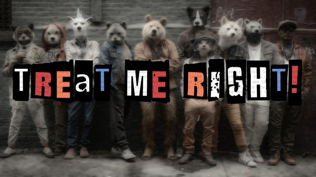 Anthropomorphic animals lined up against a wall titled TREAT ME RIGHT