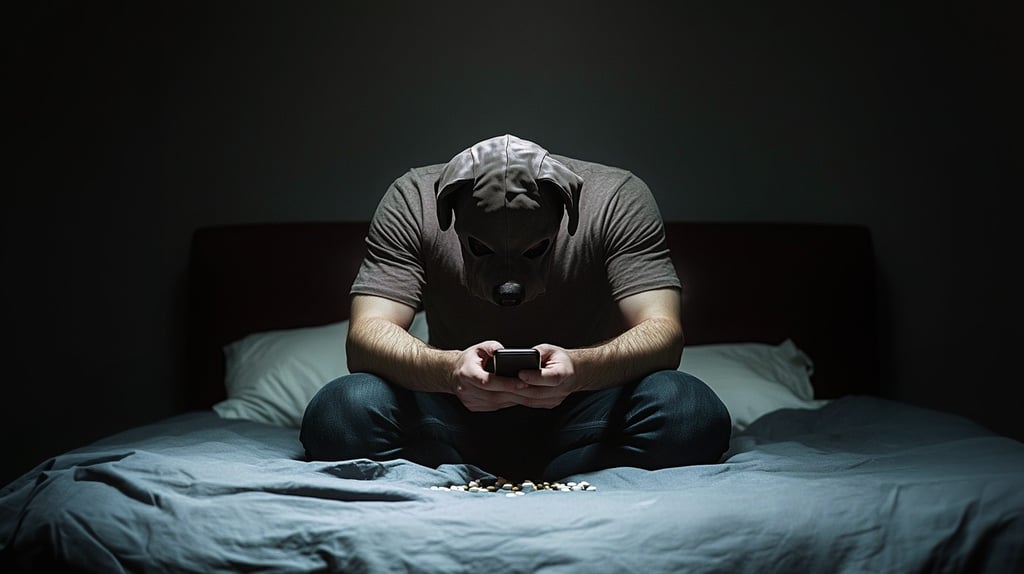 A man in a pup hood sitting on a bed holding his phone.