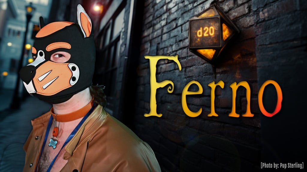 Man in a pup mask with Nameplate FERNO