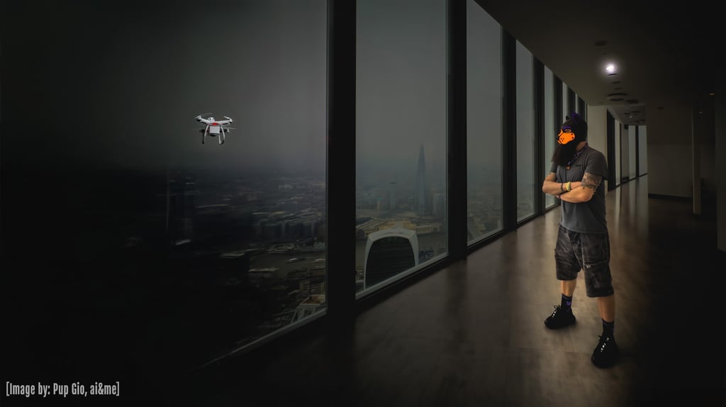 Man in a pup mask being watched by a drone.