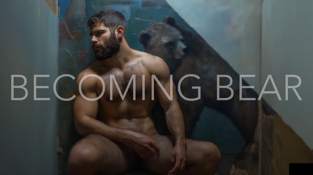 A painting of a man and bear, symbolizing the transformation into the animal self. Art by ai&me