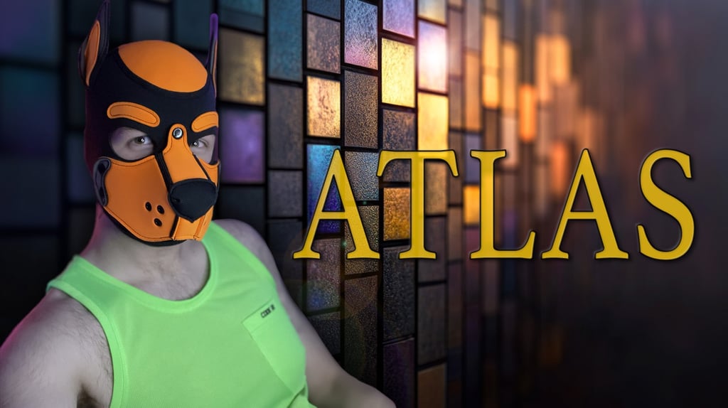 Man in neon shirt poses wearing a pup mask. Name plate: ATLAS