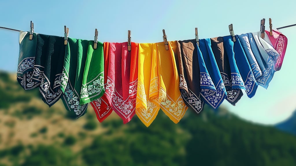 Multi-colored bandanas hanging on a clothesline. Art by ai&me