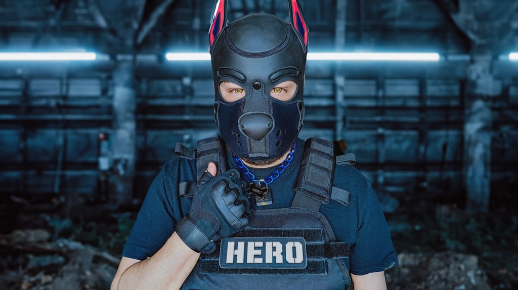 Man in pup mask and tactical gear.