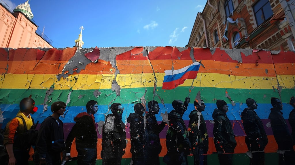 Mural on wall in Russia of LGBTQ protesters. One live man in a pup mask. Art by ai&me